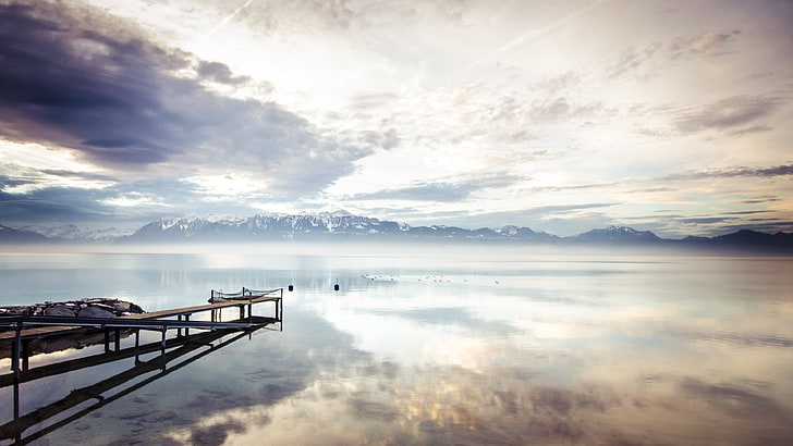 reflection, horizon, pier, calm, dawn, loch, lake, morning, HD wallpaper