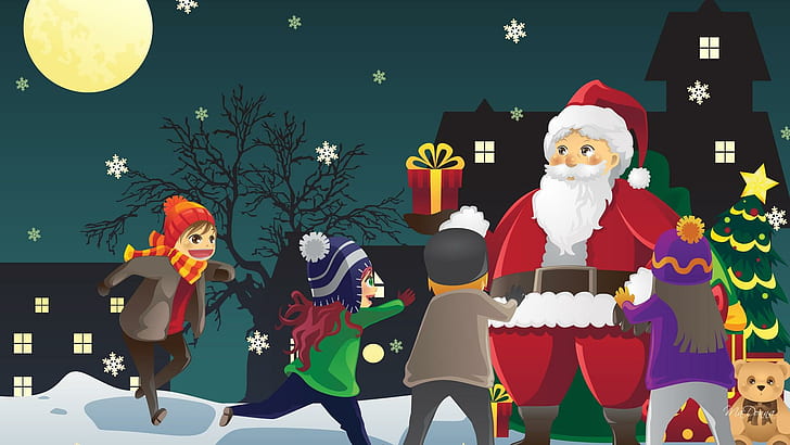 Children Greeting Santa, st nick, smiles, gifts, christmas, santa claus, HD wallpaper