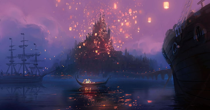 body of water, Disney, Tangled, sky lanterns, ship, boat, artwork