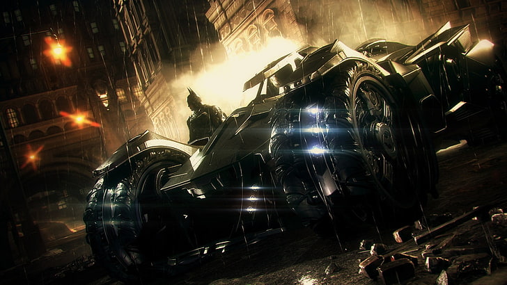 Batman: Arkham City, Batmobile, video games, night, illuminated, HD wallpaper