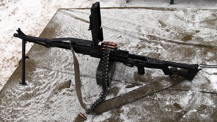 black and gray compound bow, gun, machine gun, PKP Pecheneg, snow