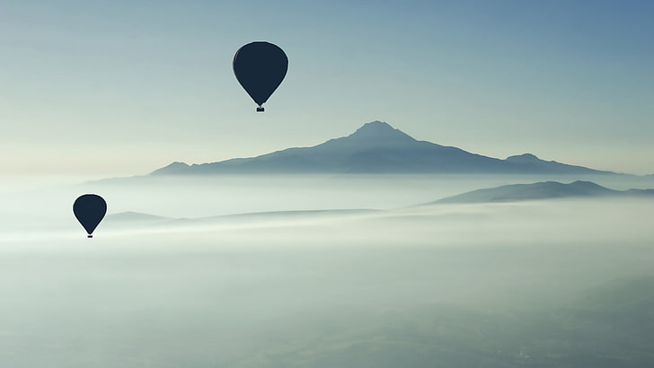 two silhouette hot air balloons, landscape, mist, nature, mountains, HD wallpaper