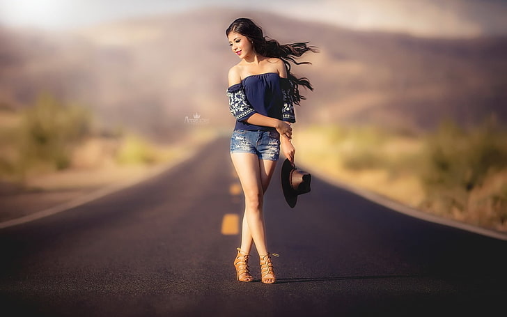 road, women, jean shorts, model, young adult, young women, beauty, HD wallpaper