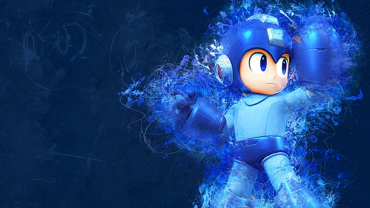 hero, artwork, Mega Man, Super Smash Brothers, blue, indoors