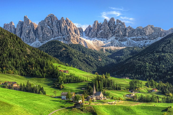 mountains, Dolomites (mountains), village, summer, forest, Tyrol, HD wallpaper