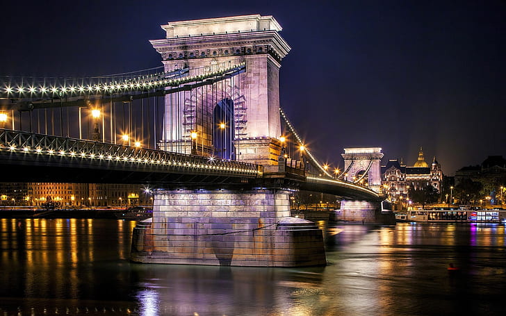 The Chain Bridge Budapest River At Night Black White Photo Poster 18x12 