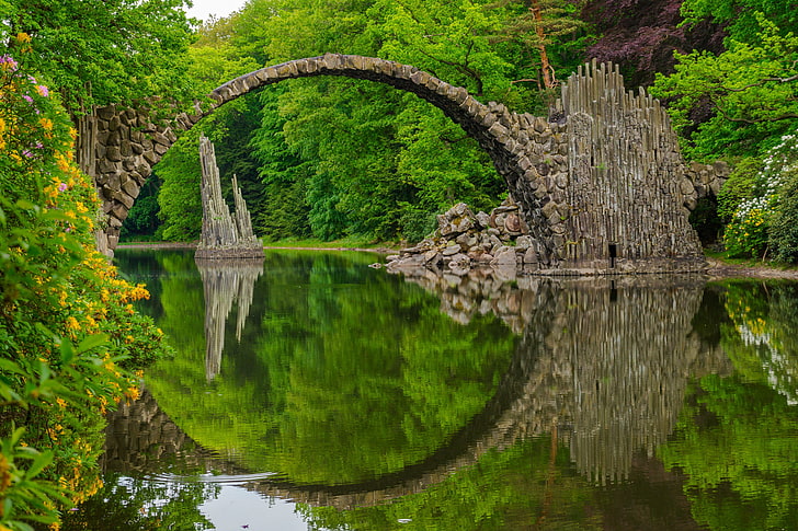 green trees, bridge, lake, reflection, Germany, Saxony, Rakotzbrücke