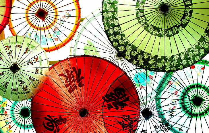 assorted-color floral kanji labeled paper umbrellas, f25, f50