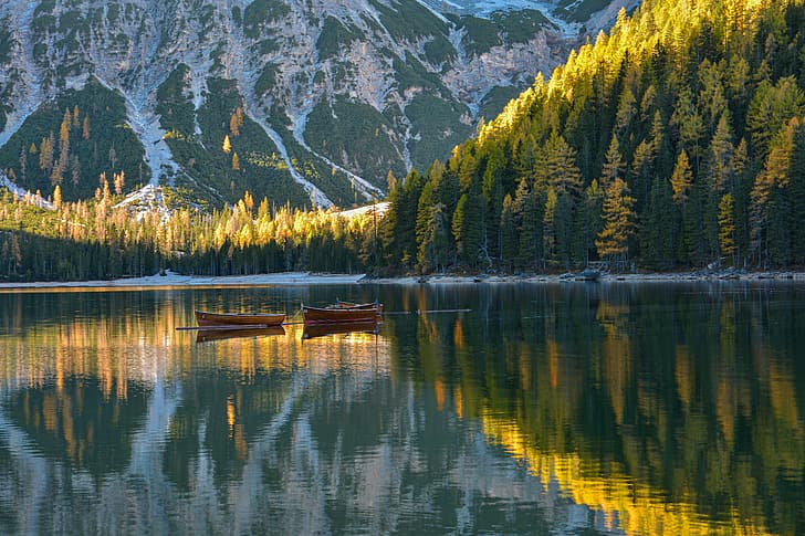 landscape, mountains, nature, lake, reflection, boats, morning