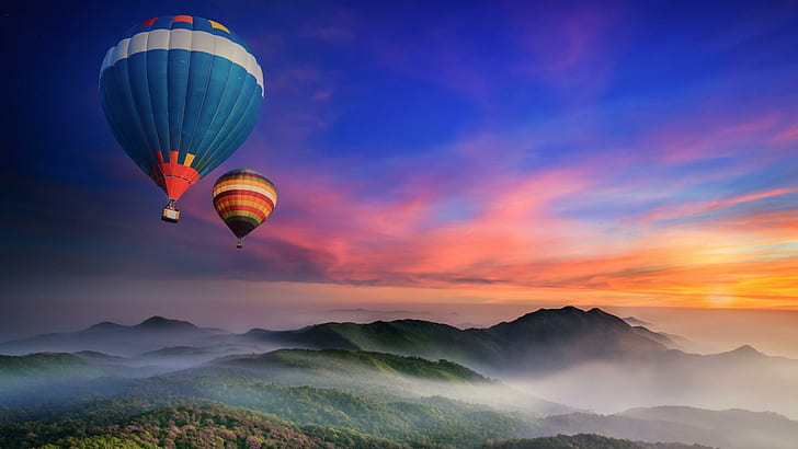 Mountains, hot air balloon, forest, mist, morning, dawn, desktop, HD wallpaper