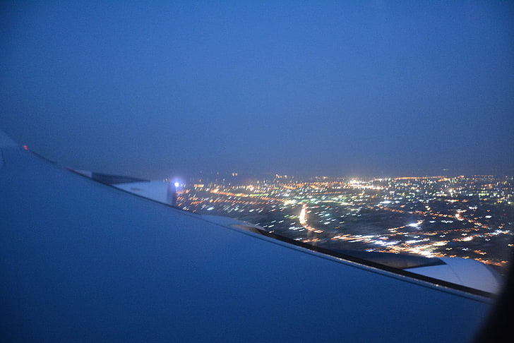 Hd Wallpaper Airplane View Blue Sky City At Night Night Lights Illuminated Wallpaper Flare