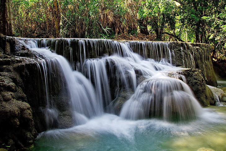 Laos, 5K, Kuang Si Falls, Waterfall