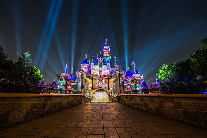 rays, night, castle, Disneyland, California, Anaheim, Sleeping Beauty's Castle