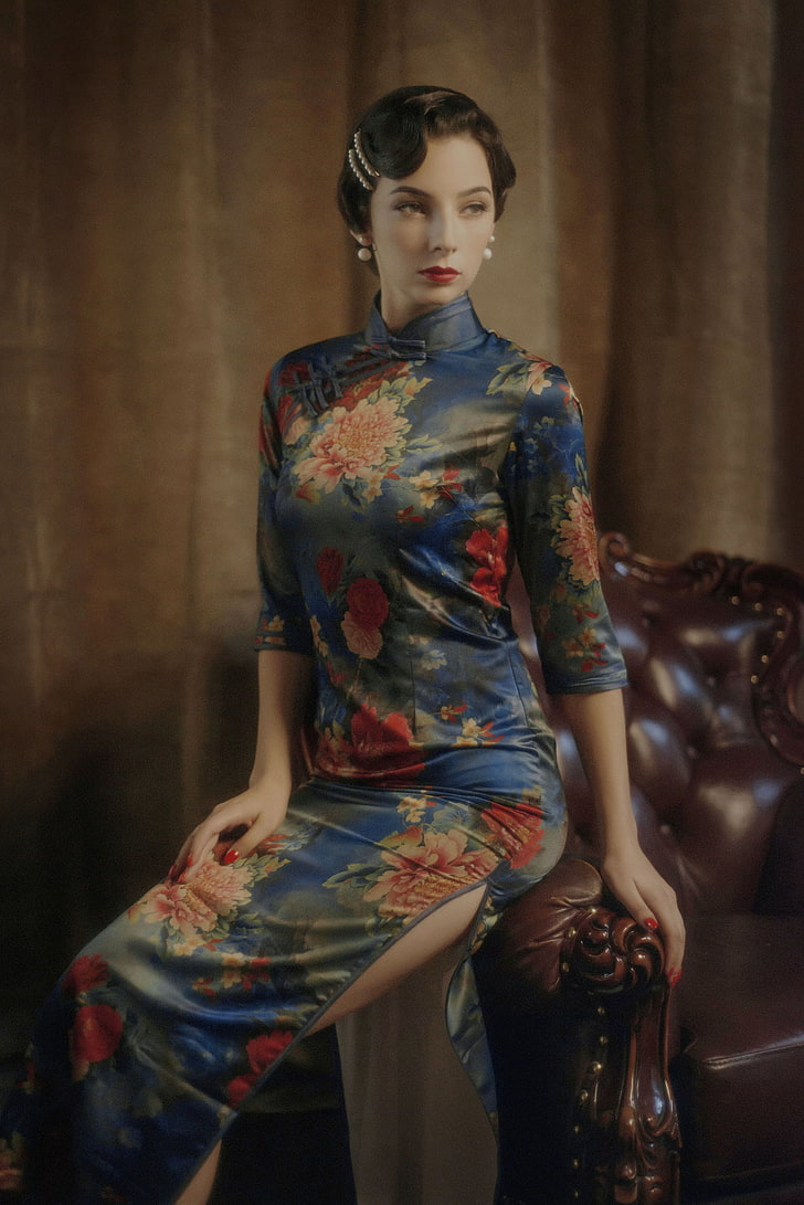 women's blue, red, and green floral traditional dress, China