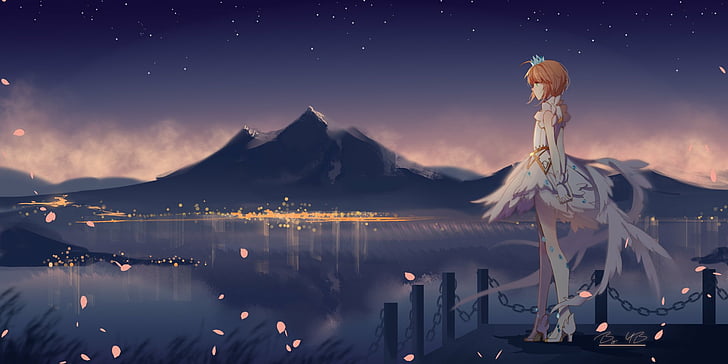 Anime, Cardcaptor Sakura, Sakura Kinomoto, night, sky, water