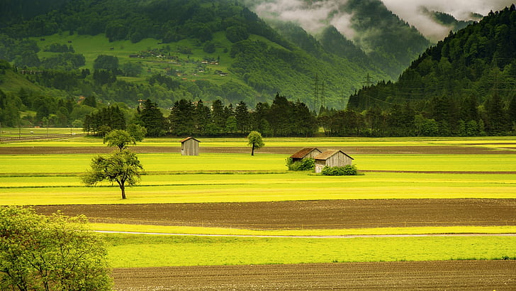 nature, landscape, mountains, photography, clouds, house, field