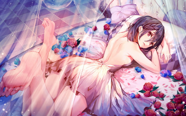 anime girls, Anime Game, bareback, roses, bed, feet, lying on front