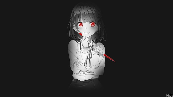 anime, anime girls, blood, red eyes, monochrome, knife, smiling, HD wallpaper