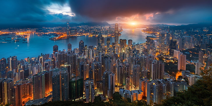 Hong Kong, Victoria Harbour, morning, building exterior, city, HD wallpaper