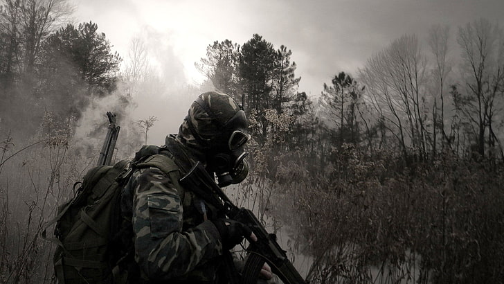 weapon, trees, soldier, apocalyptic, gas masks, military