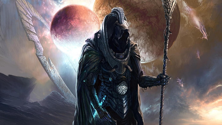 person holding scythe illustration, wizard, Odin, planet, statue