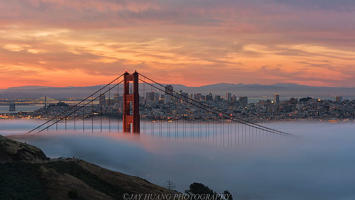 Golden Gate Bridge covered with fog, Fog City, Low, Sunrise, Downtown