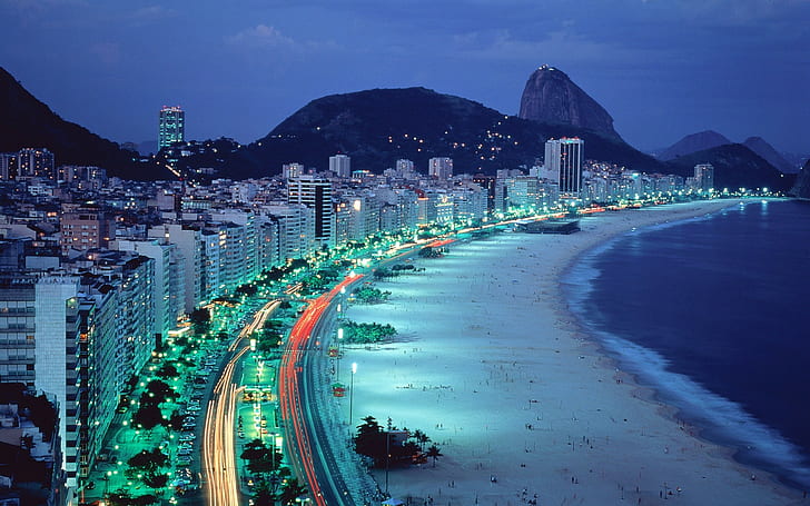 Rio de Janeiro, Brazil, Beach, Mountain, Lights, Night, Cityscape, HD wallpaper