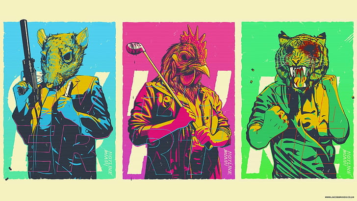 three animal-themed wall arts, Hotline Miami, video games, collage