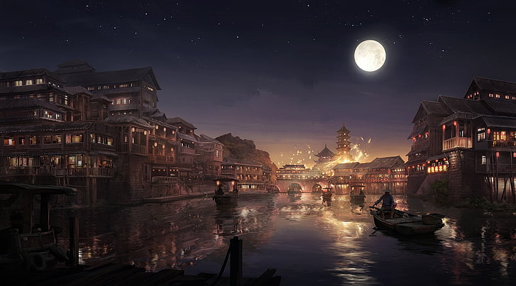 village beside body of water under full moon, Asia, night, sky
