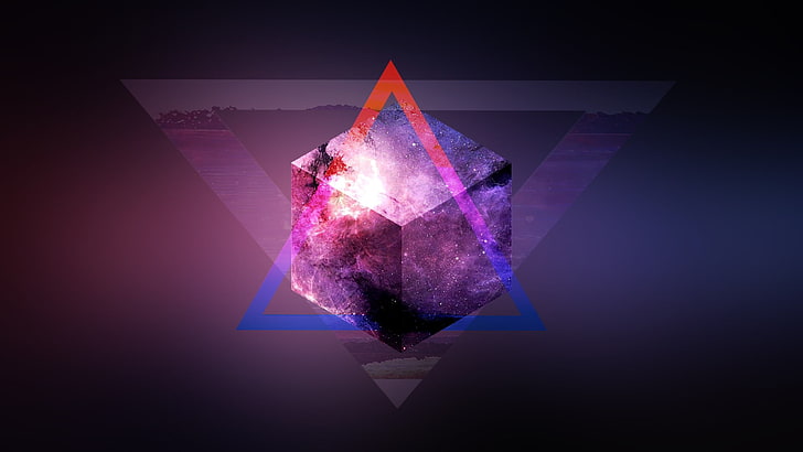 cube digital wallpaper, space, mix up, purple, triangle, blurred, HD wallpaper