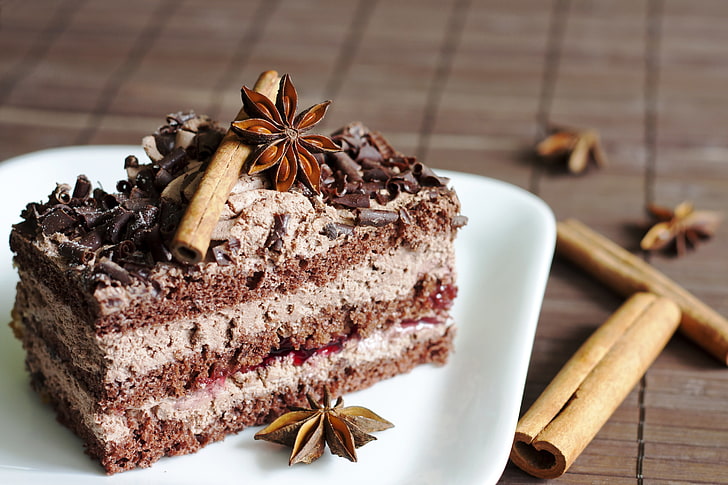 cake, cinnamon sticks, and star anise, chocolate, plate, sweets, HD wallpaper