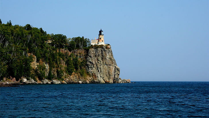 Split Rock Lighthouse In Minnesota, trees, cliff, lake, nature and landscapes