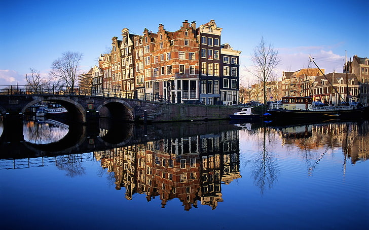 landscape, reflection, bridge, Amsterdam, cityscape, water, HD wallpaper