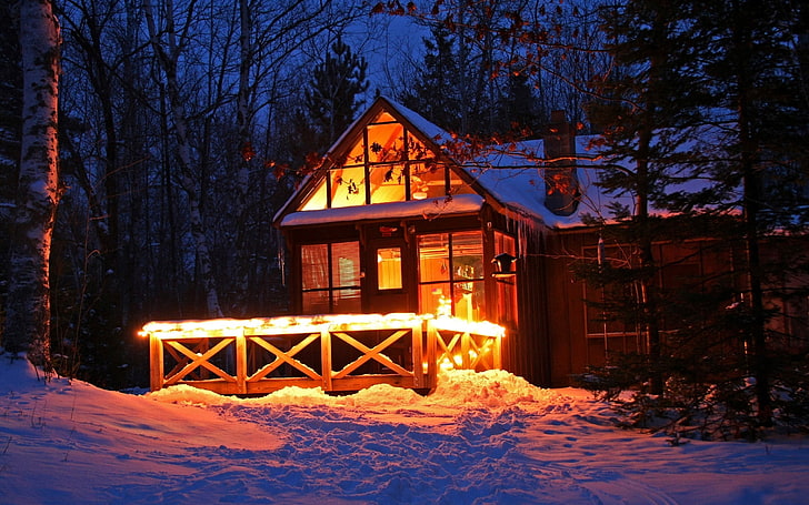 brown wooden house, winter, snow, lights, forest, cold temperature