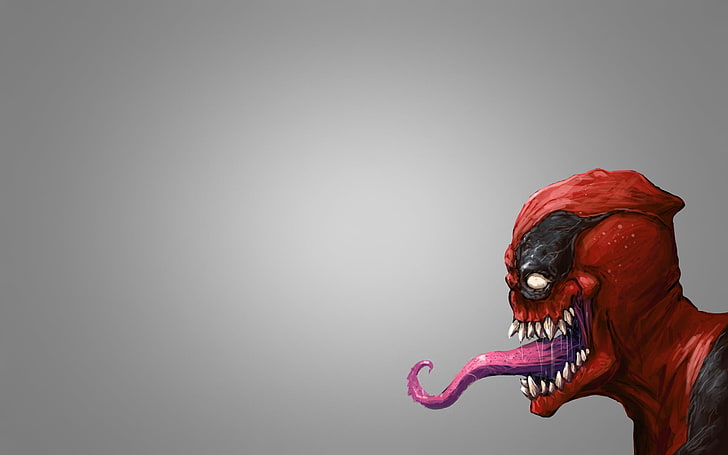 deadpool illustration, language, red, monster, mask, comic, venom, HD wallpaper