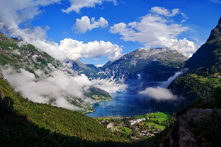 mountains and body of water, clouds, village, Norway, panorama, HD wallpaper