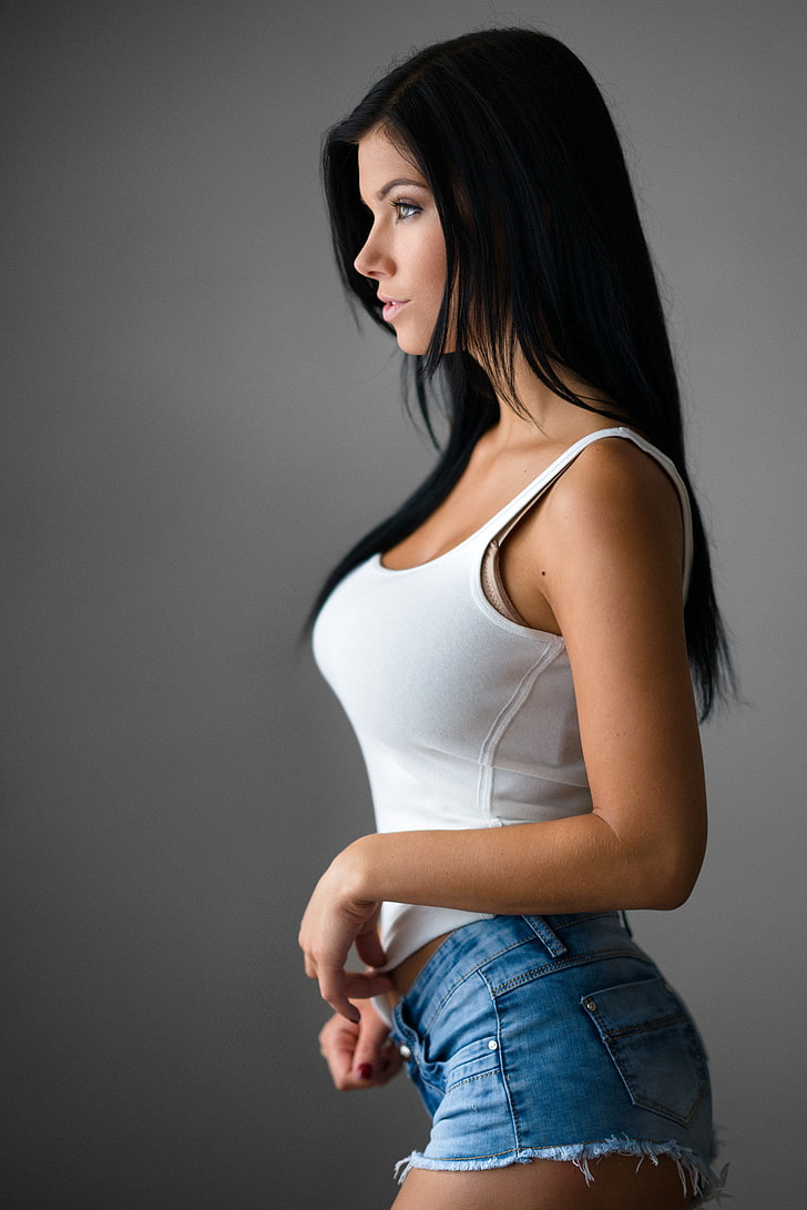 Tereza Polášková, Milan R, bare shoulders, white tops, jean shorts, HD wallpaper