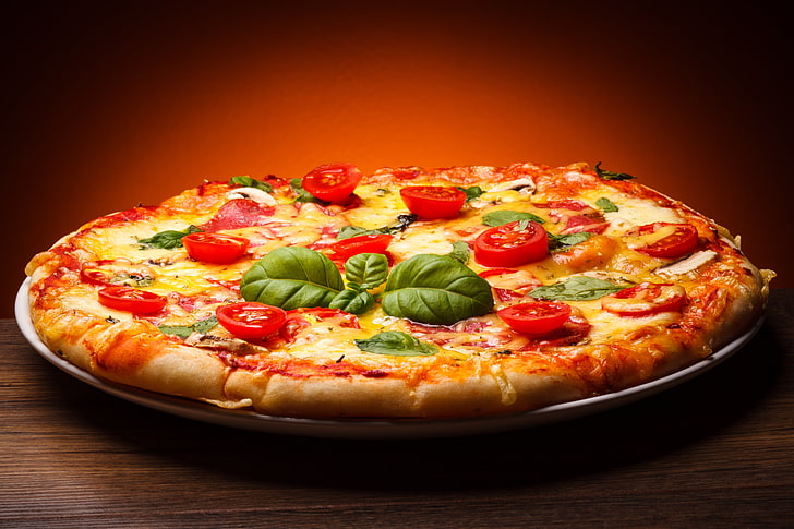 cheese pizza, tomatoes, mushrooms, salami, food, mozzarella, dinner, HD wallpaper