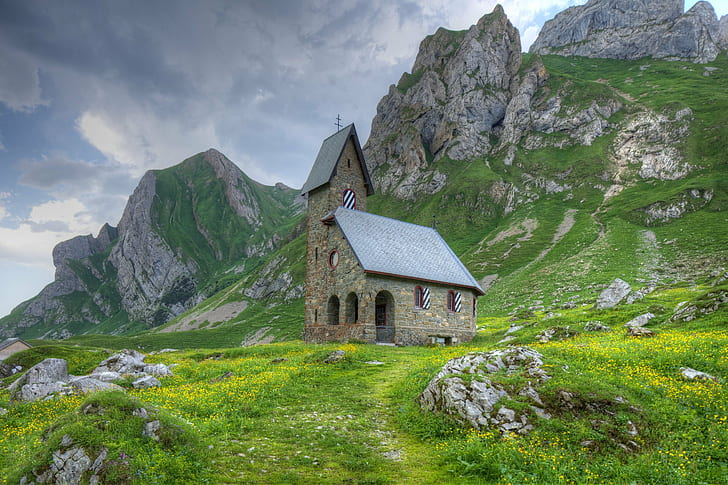 photo of house on mountain surrounded with rocks, Kirche, Alpstein, HD wallpaper