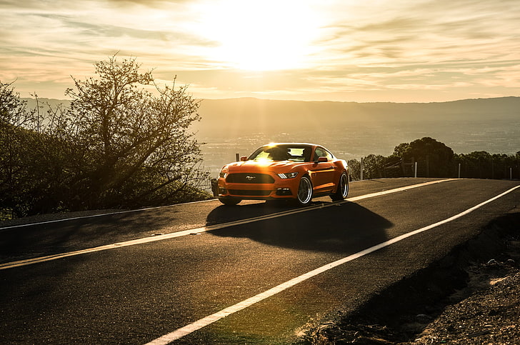 orange Ford Mustang GT, 2015, car, road, transportation, land Vehicle