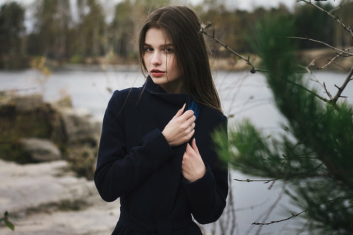 model, brunette, long hair, depth of field, Jeanne Khudyakov, HD wallpaper