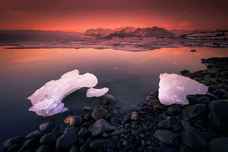 body of water with rocks and ice, elements, jokulsarlon, travel, HD wallpaper