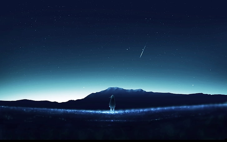 mountain under shooting star wallpaper, anime, anime girls, original characters