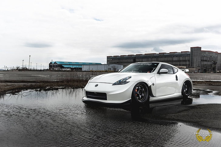 car, Nissan 370Z, Stance, tuning, lowered, JDM, puddle, factories, HD wallpaper