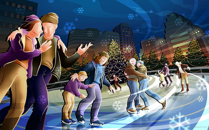 Winter Fun, couples, holidays, skateing, park, love, 3d and abstract, HD wallpaper