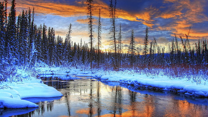 Snow, winter, mountains, trees, river, sunset