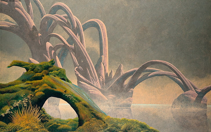 brown sea monster illustration, Roger Dean, fantasy art, no people