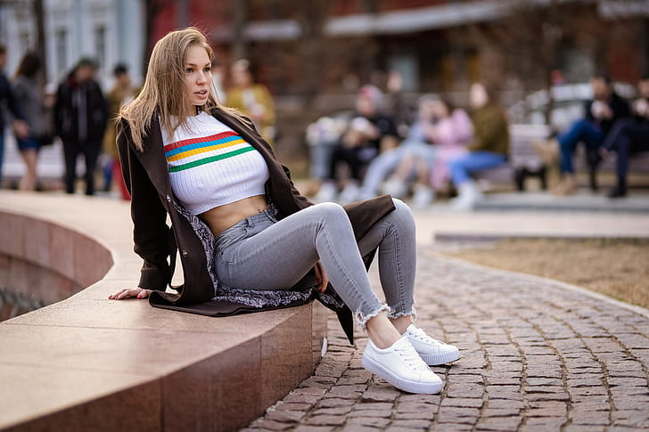 Anna Bykanova, women, model, blonde, long hair, looking away
