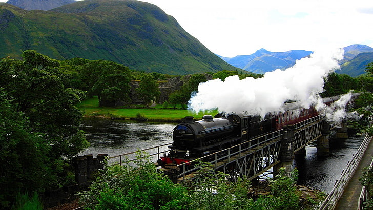 black steam locomotive train, nature, landscape, trees, Scotland, HD wallpaper