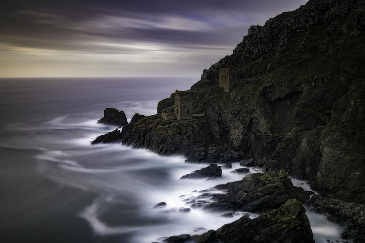 body of water near the hills and rocks, Botallack, Crown, Engine, HD wallpaper